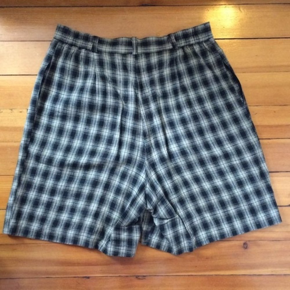 Retro Plaid Shorts Black Cream Beige Zipper Button Pockets Classic - Picture 3 of 4